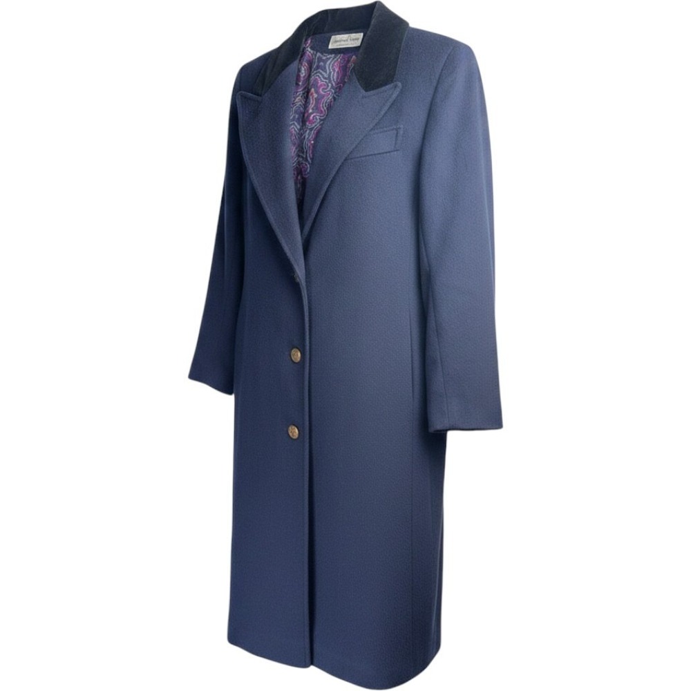 Vintage Jonathan Michael Pure Wool Blue Classic Overcoat with Black Velvet Cord